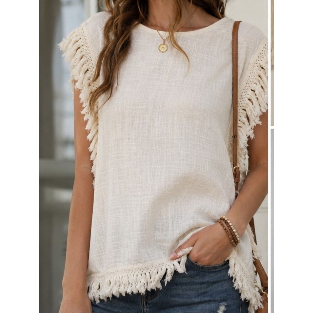 Ivy Jane Fringe Boho Top Sz L Cream Cotton Blend Crochet Trim Festival USA made